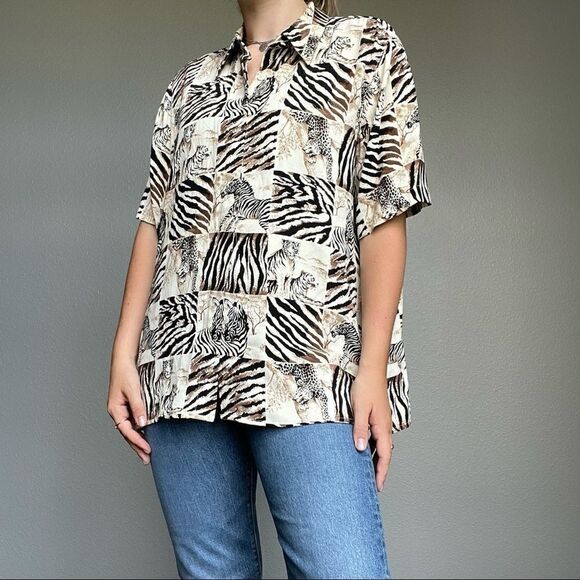 Vintage 80s Safari Animal Print Button Down Blouse - Picture 1 of 12